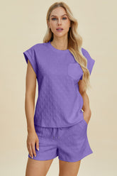 Double Take Full Size Pocketed Texture Round Neck Top and Shorts Set Lavender OutfitFlow